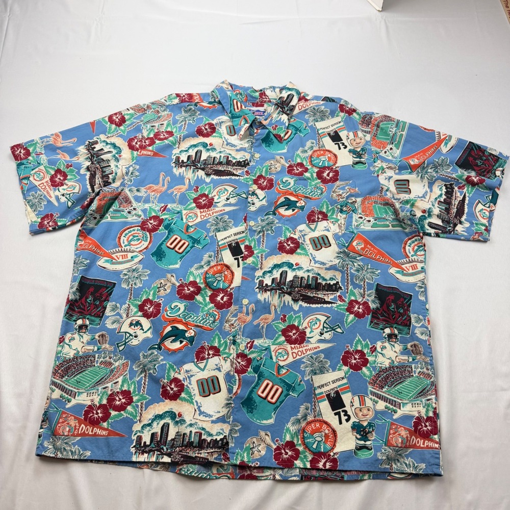 Reyn Spooner NFL Miami Dolphins Men XXL Blue Aloha Hawaiian Shirt Perfect Season